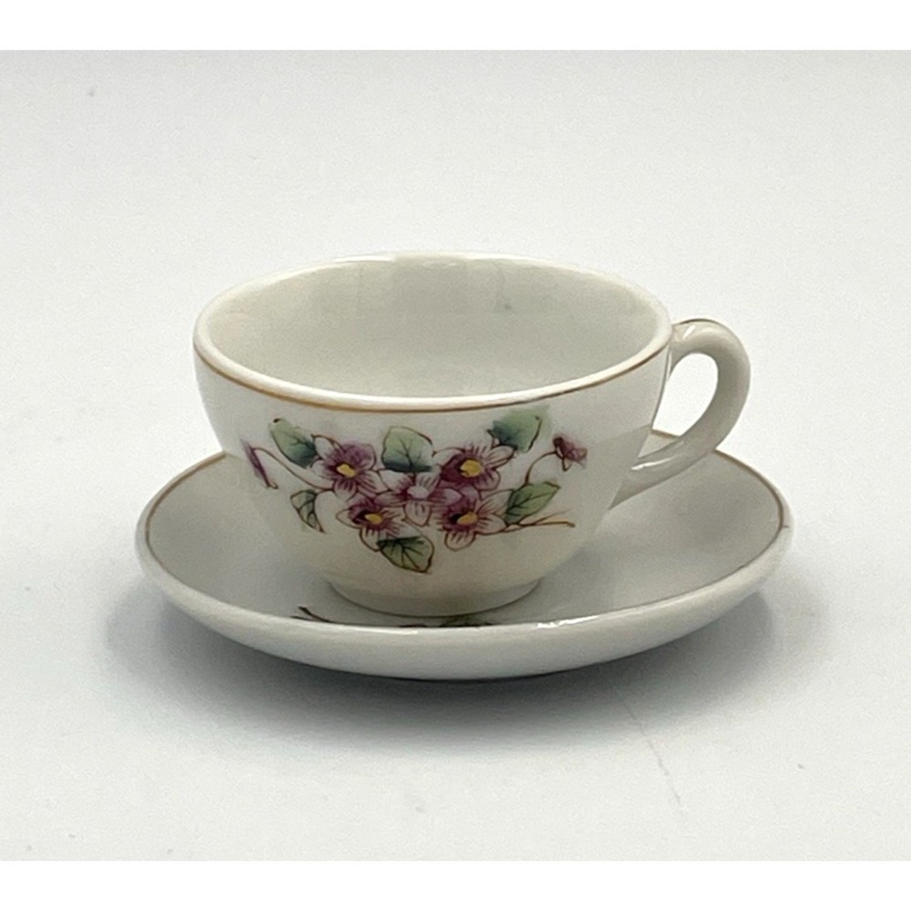 Vtg Miniature Mini Tea Cup & Saucer Floral Violets‎ Hand Painted Occupied Japan